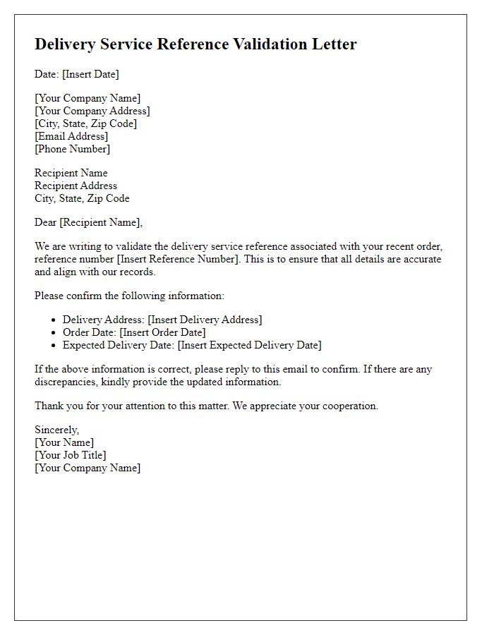 Letter template of delivery service reference validation