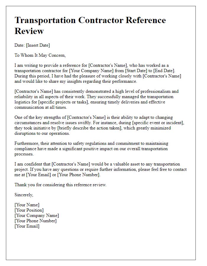 Letter template of transportation contractor reference review