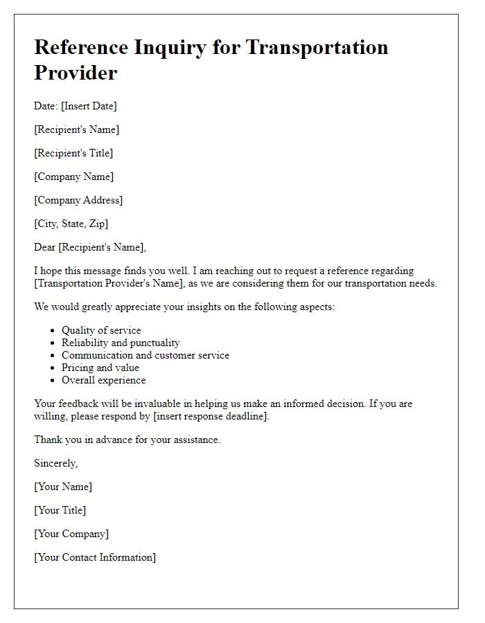 Letter template of transportation provider reference inquiry