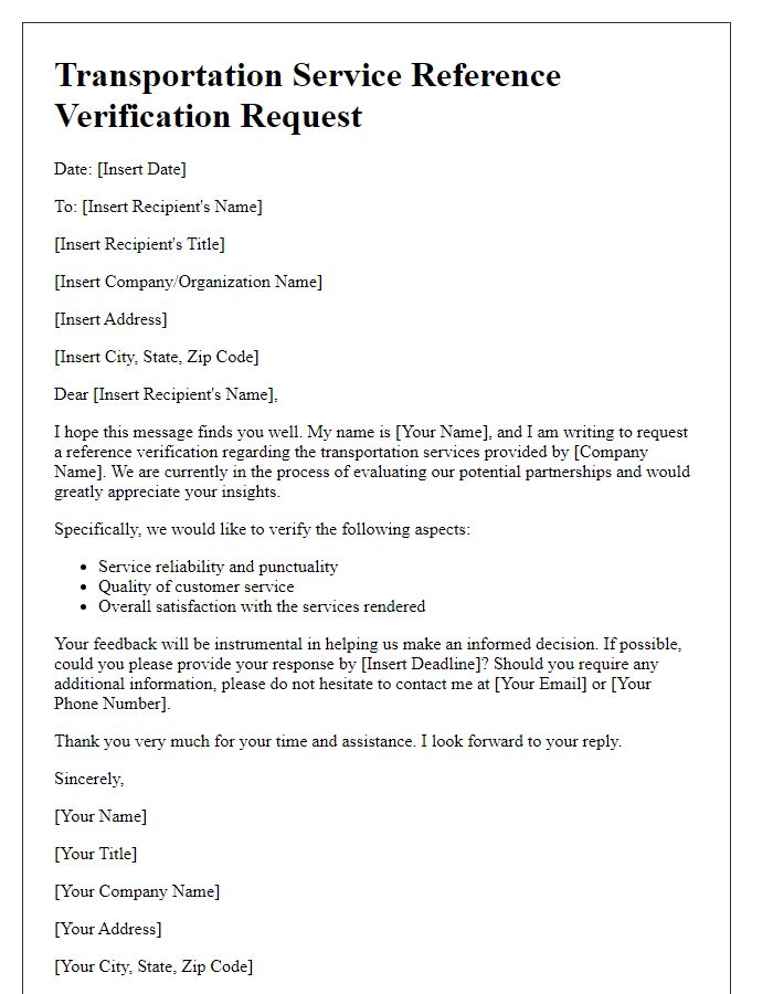 Letter template of transportation service reference verification request