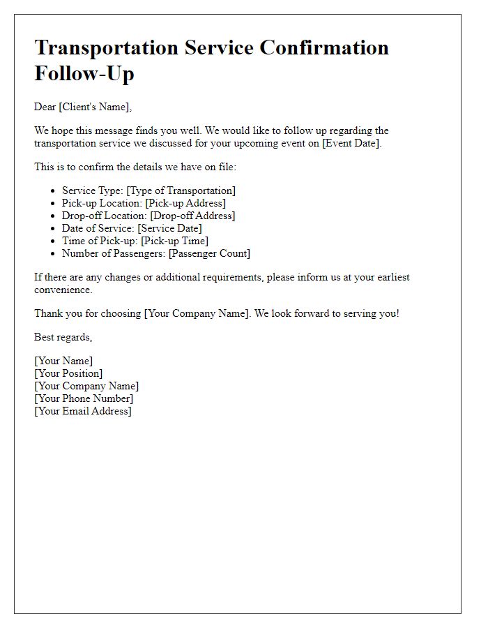 Letter template of transportation service confirmation follow-up for corporate clients