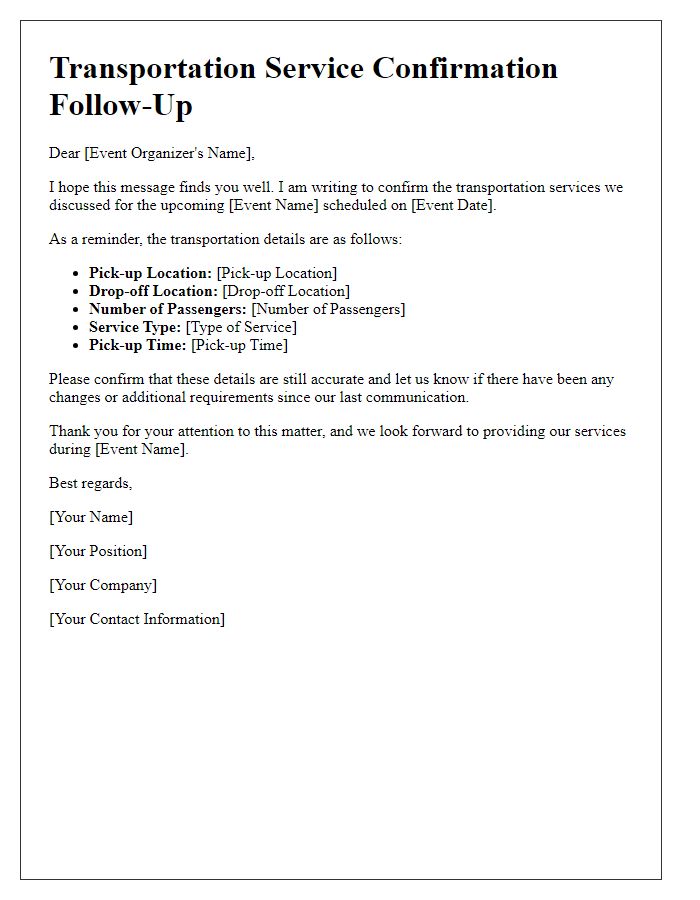 Letter template of transportation service confirmation follow-up for event organizers