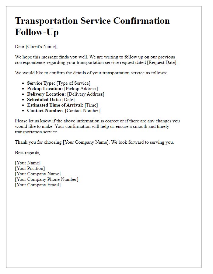 Letter template of transportation service confirmation follow-up for logistics companies