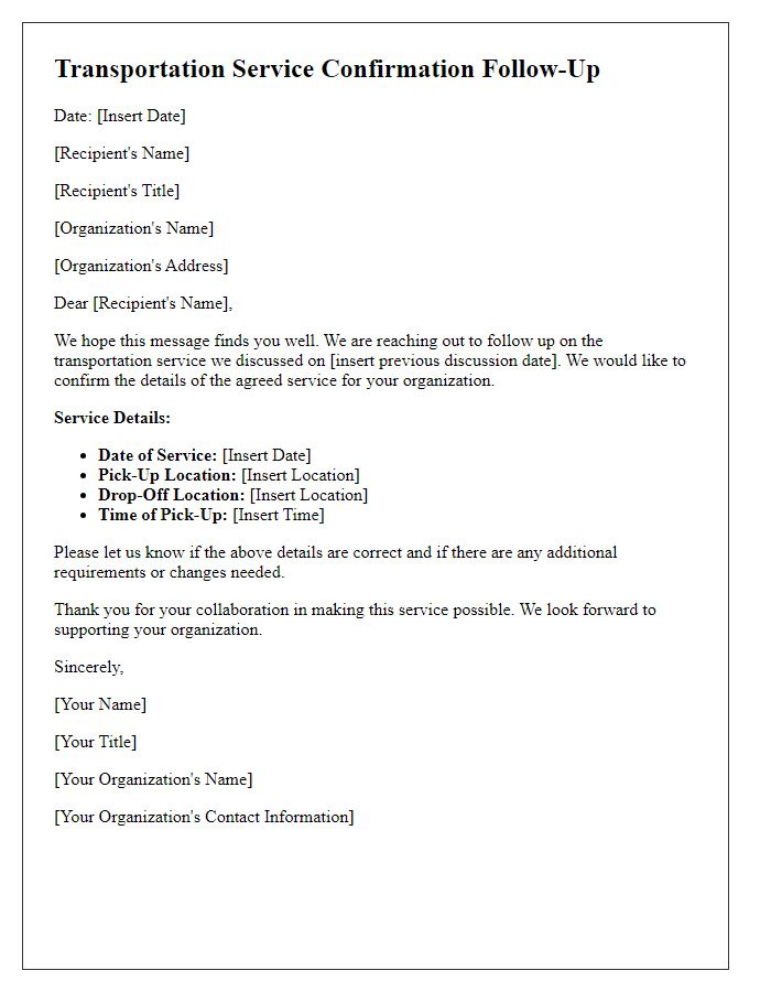 Letter template of transportation service confirmation follow-up for non-profit organizations