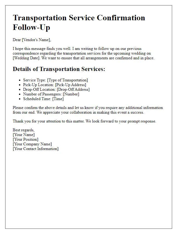 Letter template of transportation service confirmation follow-up for wedding planners