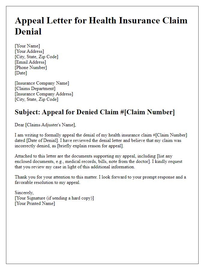 Letter template of appeal for denied health insurance claim