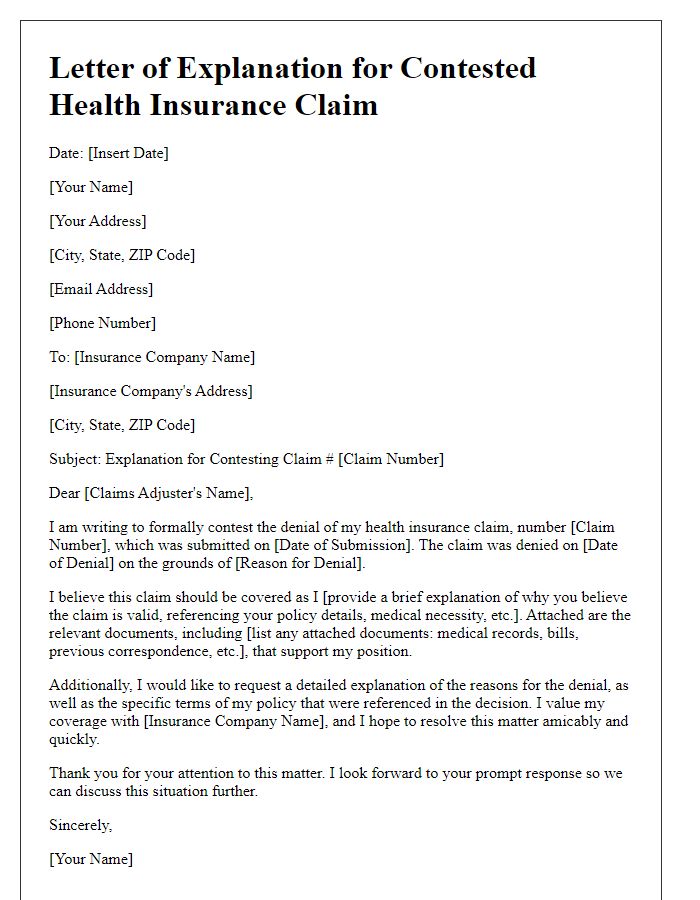 Letter template of explanation for contested health insurance claim