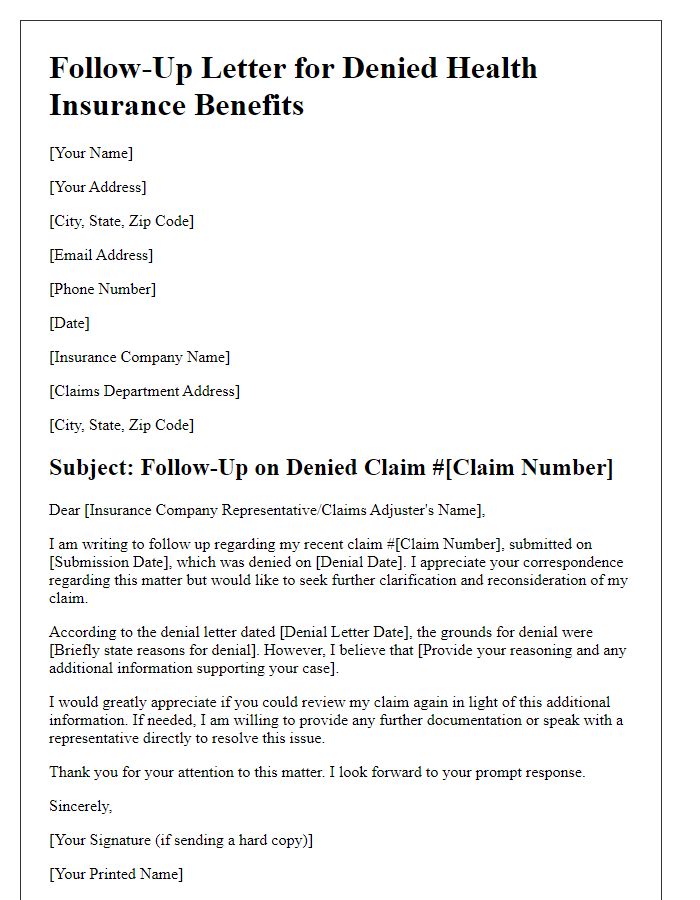 Letter template of follow-up for denied health insurance benefits