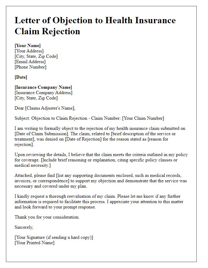 Letter template of objection to health insurance claim rejection