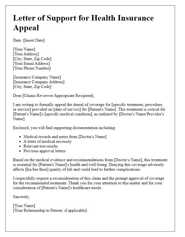 Letter template of support documentation for health insurance appeal