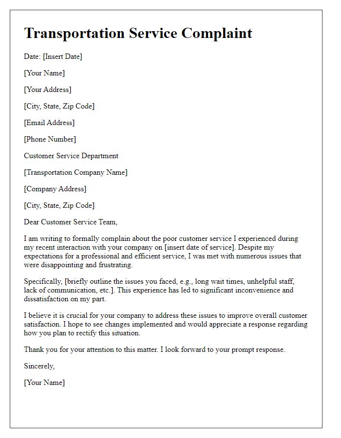 Letter template of transportation service complaint about poor customer service.