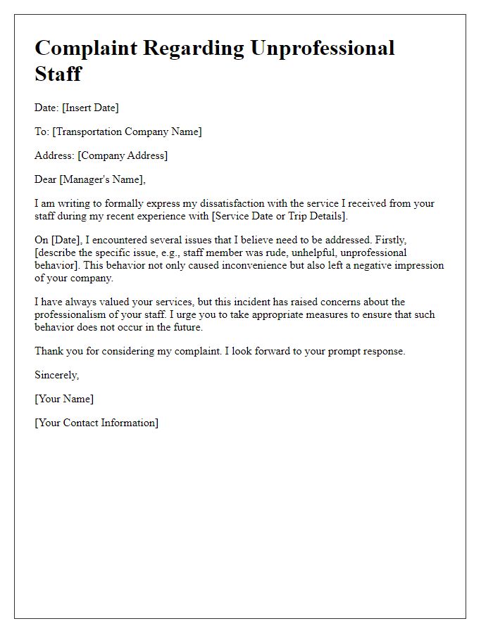 Letter template of transportation service complaint about unprofessional staff.