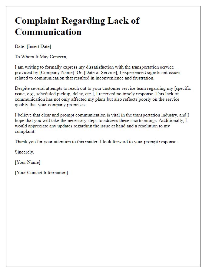 Letter template of transportation service complaint regarding lack of communication.