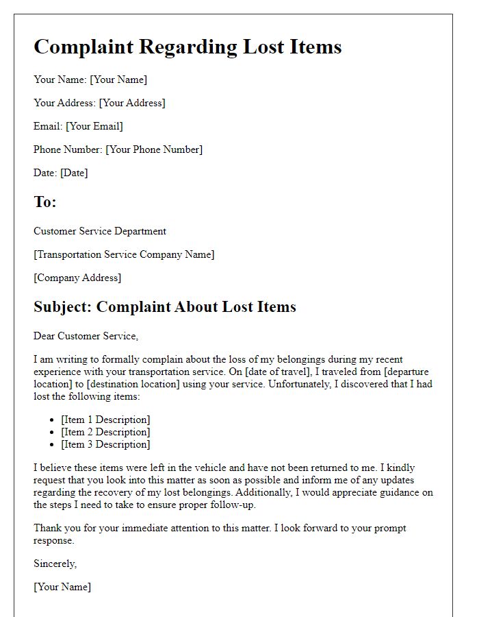 Letter template of transportation service complaint related to lost items.