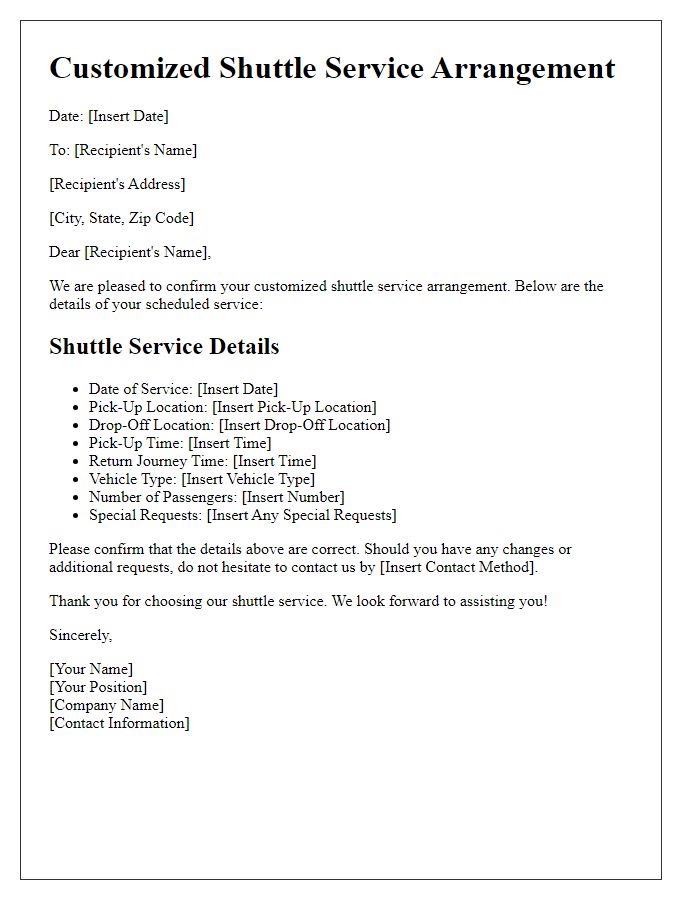 Letter template of customized shuttle service arrangement