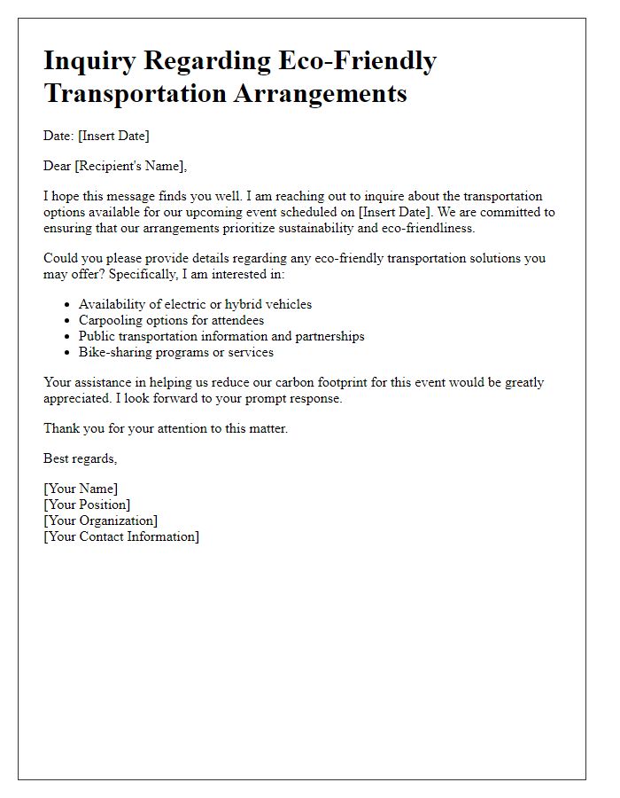 Letter template of eco-friendly transportation arrangement inquiry