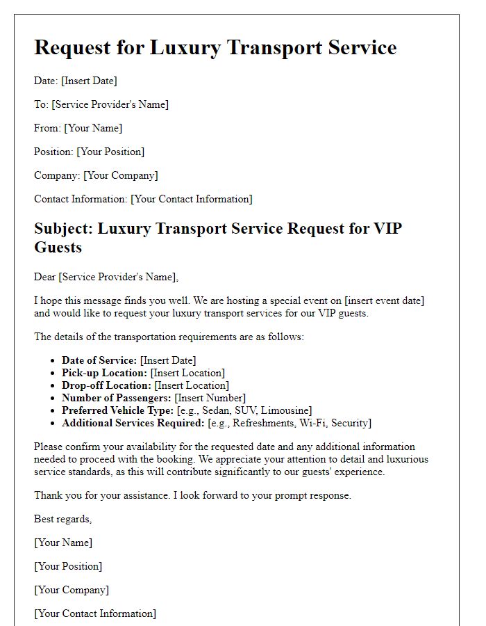 Letter template of luxury transport service request for VIPs