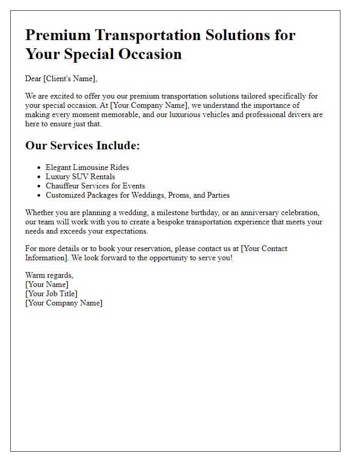 Letter template of premium transportation solutions for special occasions