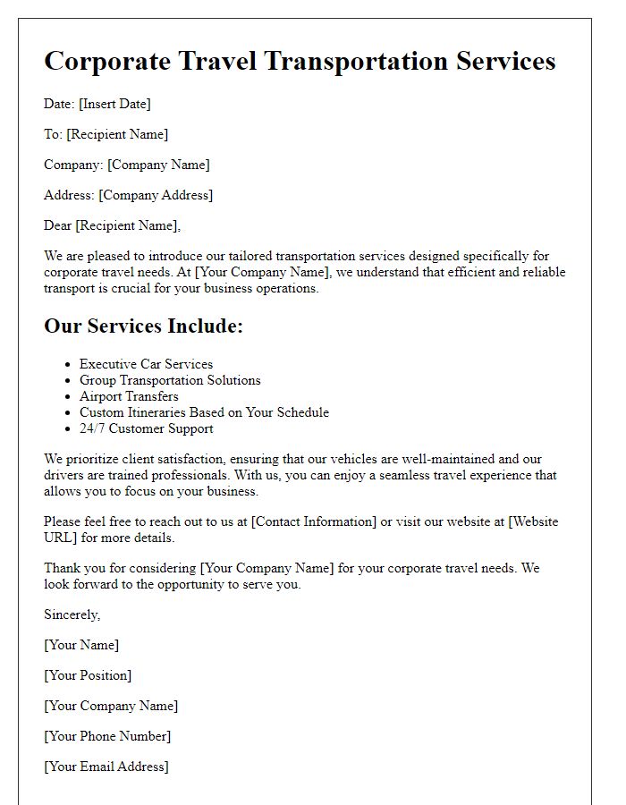 Letter template of tailored transportation services for corporate travel