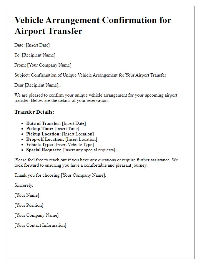 Letter template of unique vehicle arrangement for airport transfers