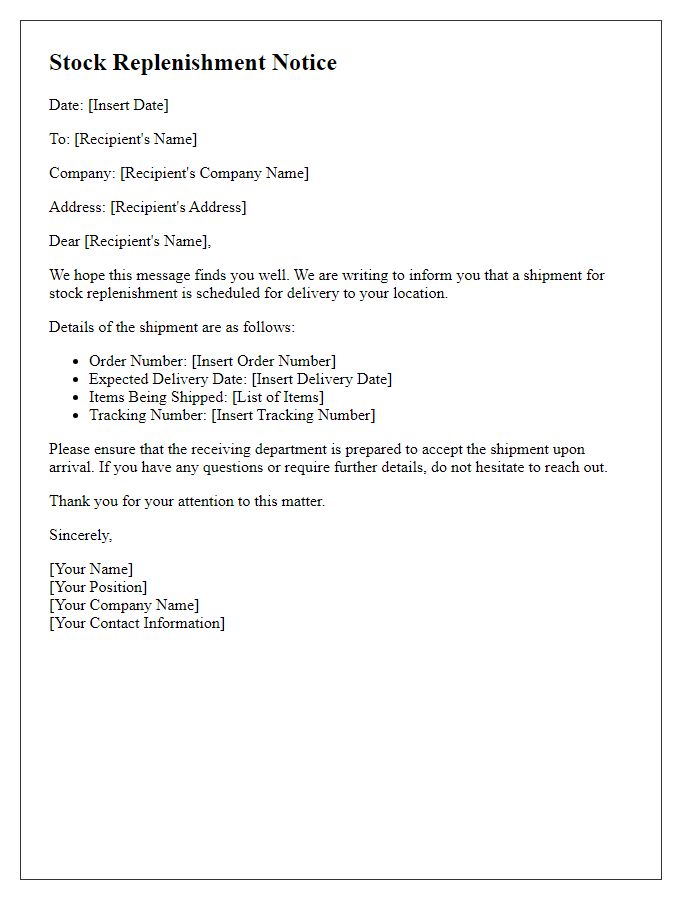 Letter template of shipment service stock replenishment notice