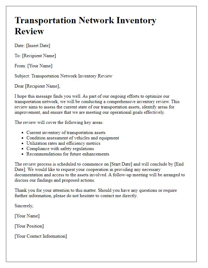 Letter template of transportation network inventory review