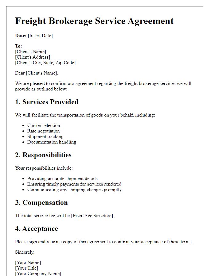 Letter template of freight brokerage service arrangement