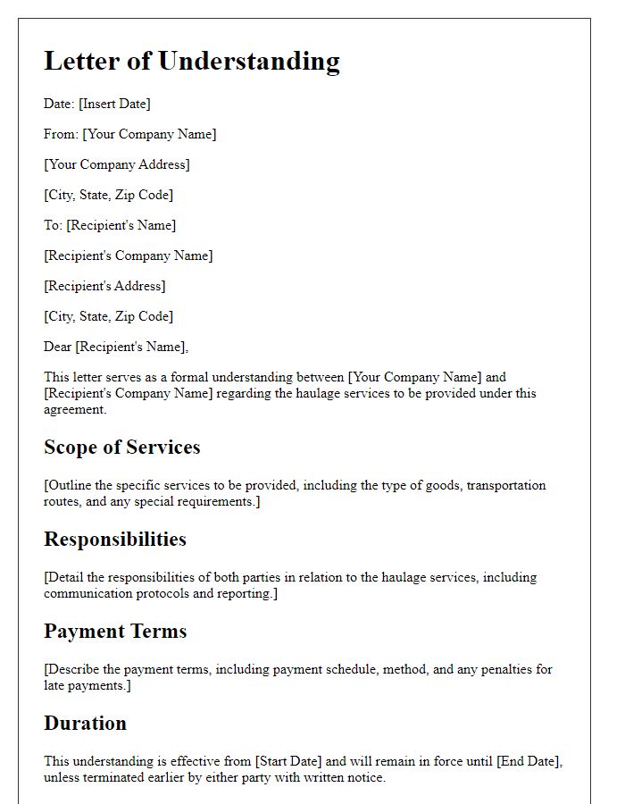 Letter template of haulage service intermediary understanding