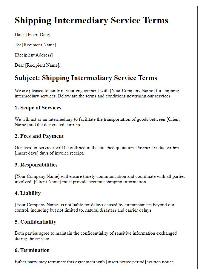 Letter template of shipping intermediary service terms