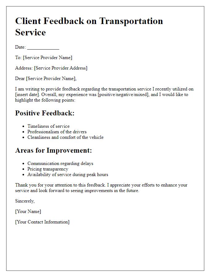 Letter template of client feedback for transportation service.