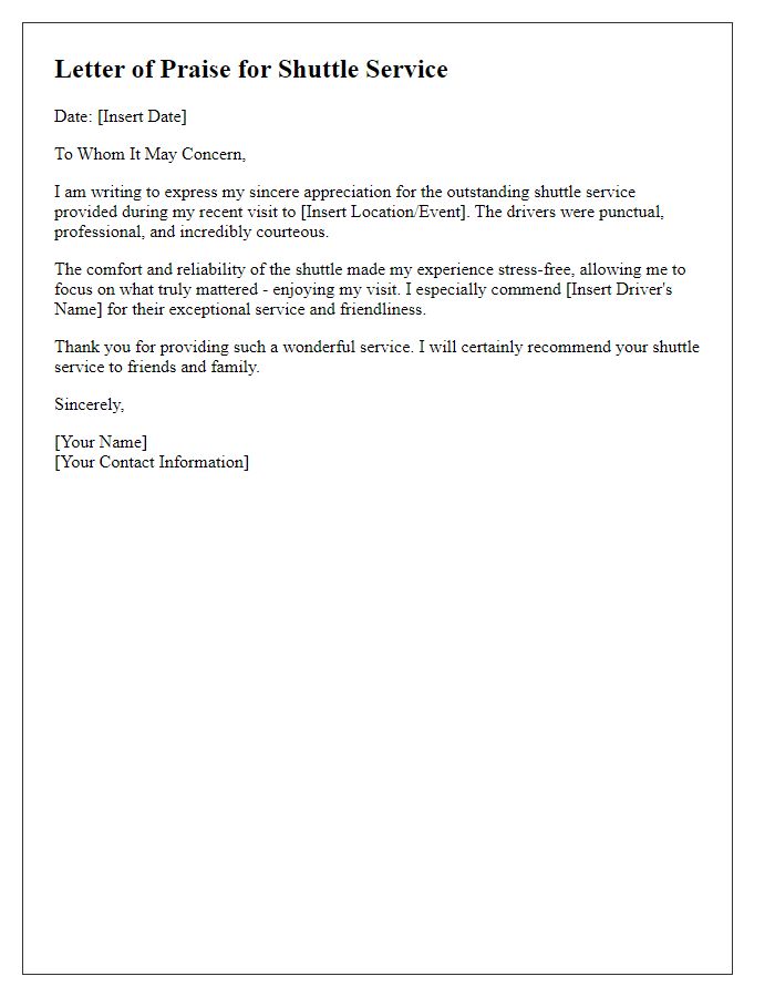 Letter template of praise for shuttle service.