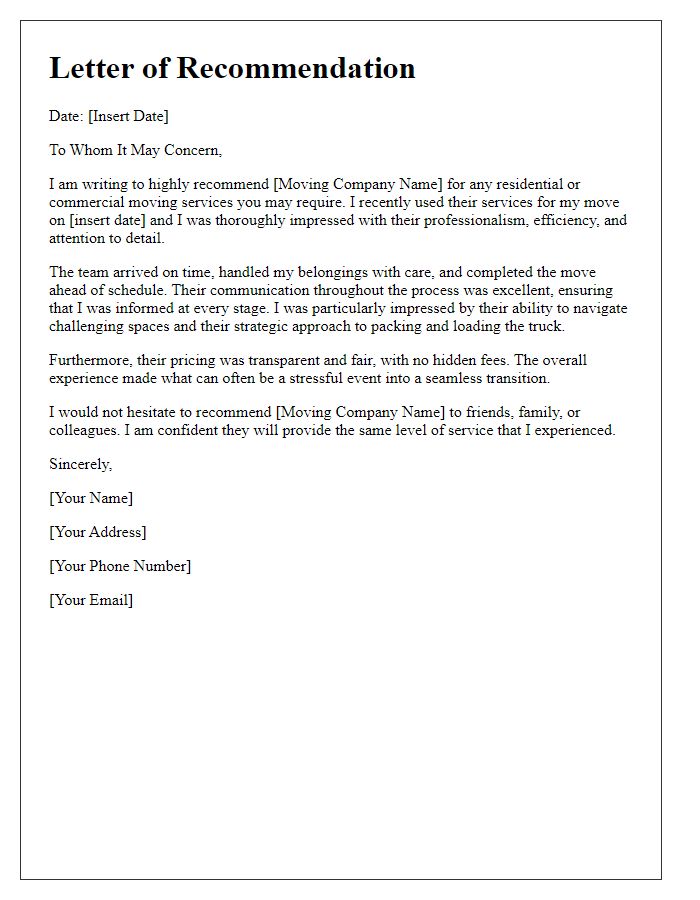 Letter template of recommendation for moving company.