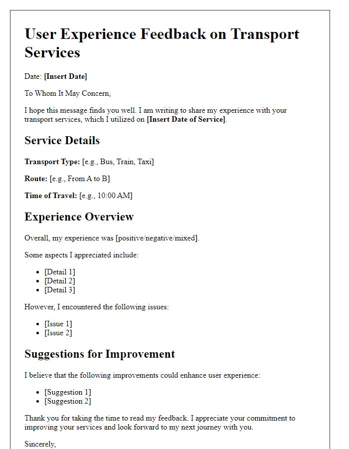 Letter template of user experience with transport services.