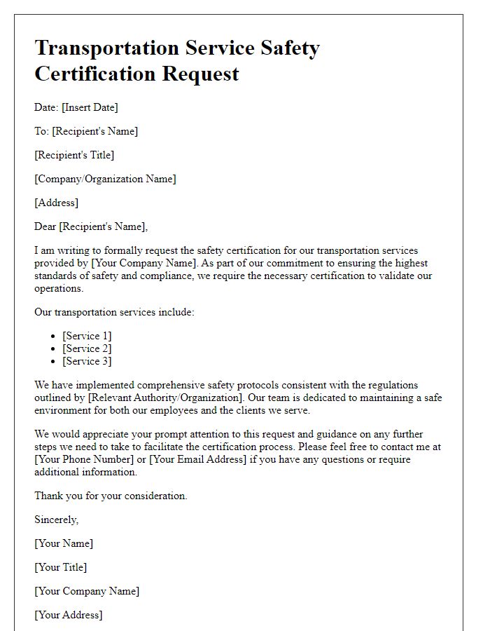 Letter template of transportation service safety certification request