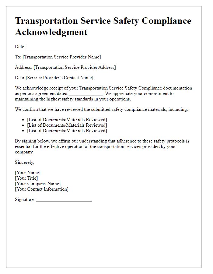 Letter template of transportation service safety compliance acknowledgment