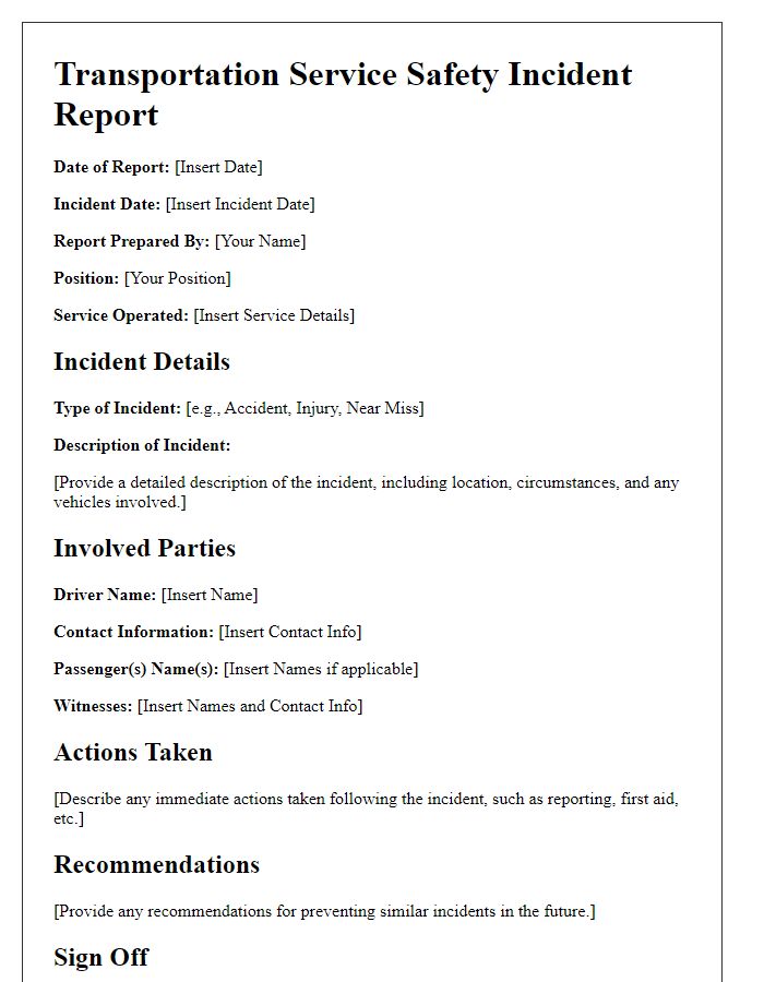 Letter template of transportation service safety incident report