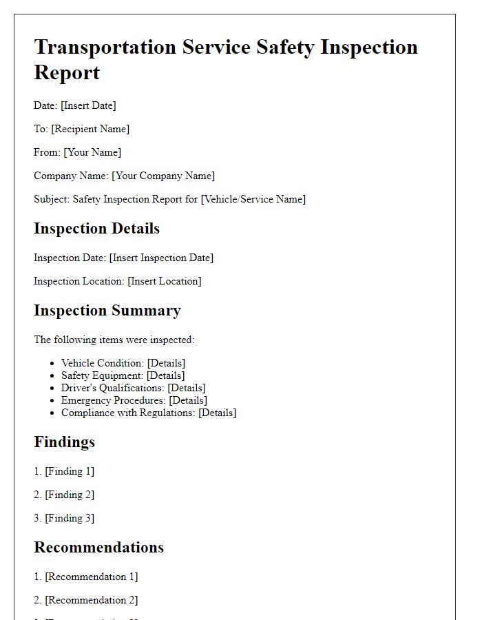 Letter template of transportation service safety inspection report