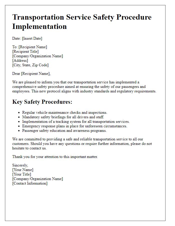 Letter template of transportation service safety procedure implementation