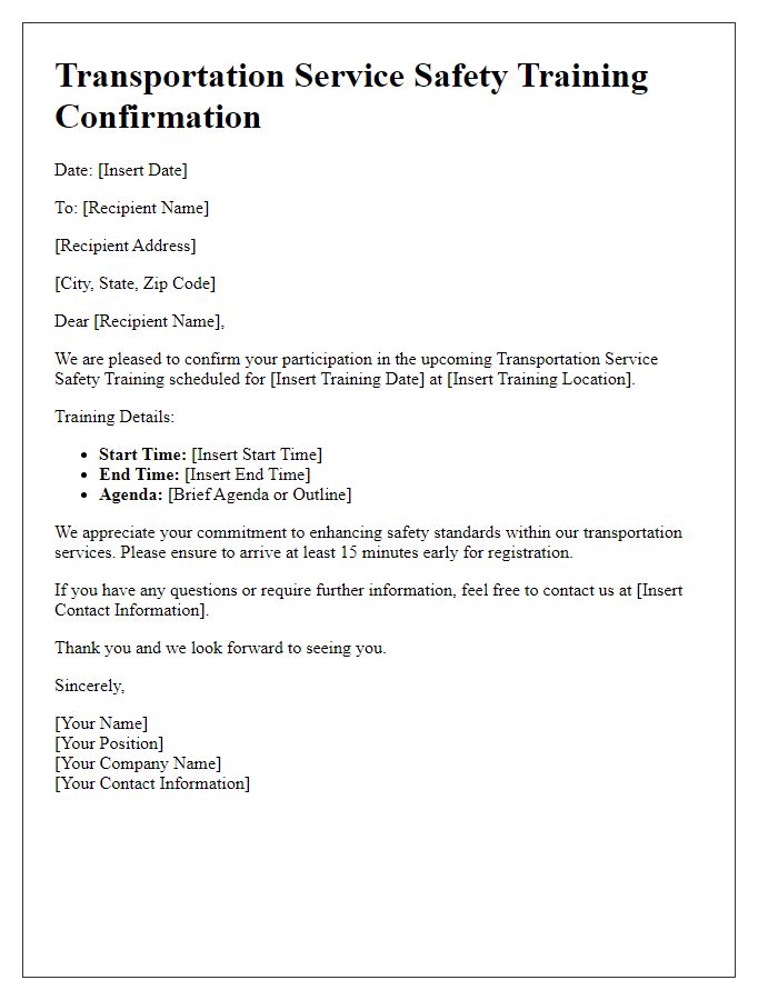 Letter template of transportation service safety training confirmation