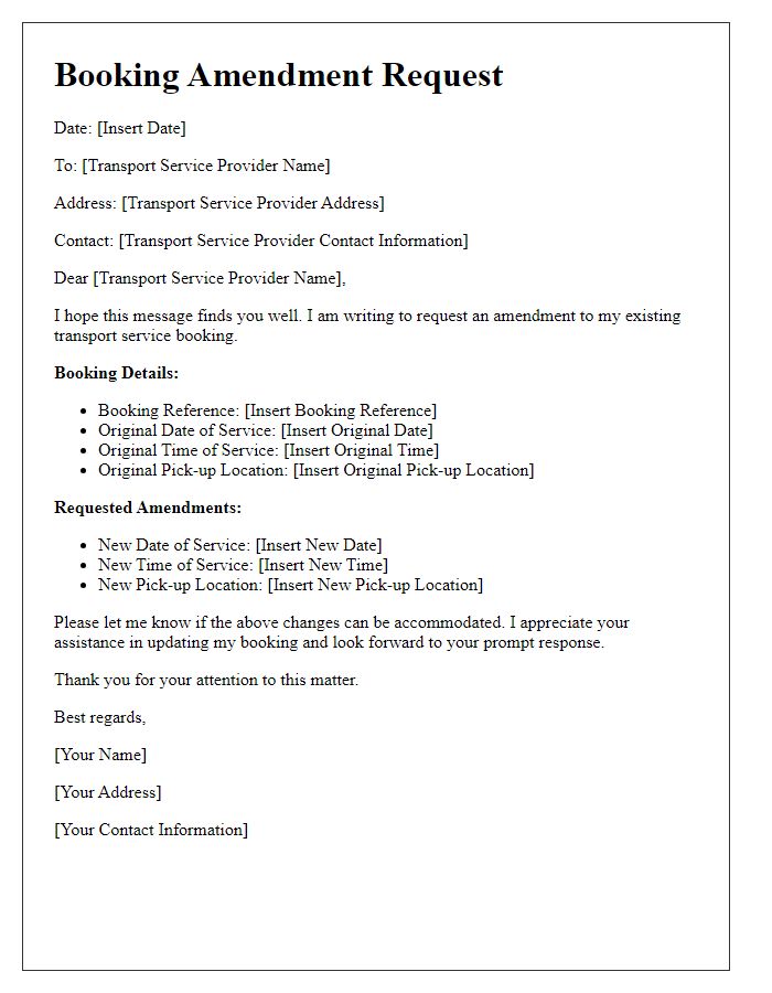 Letter template of booking amendment for transport service