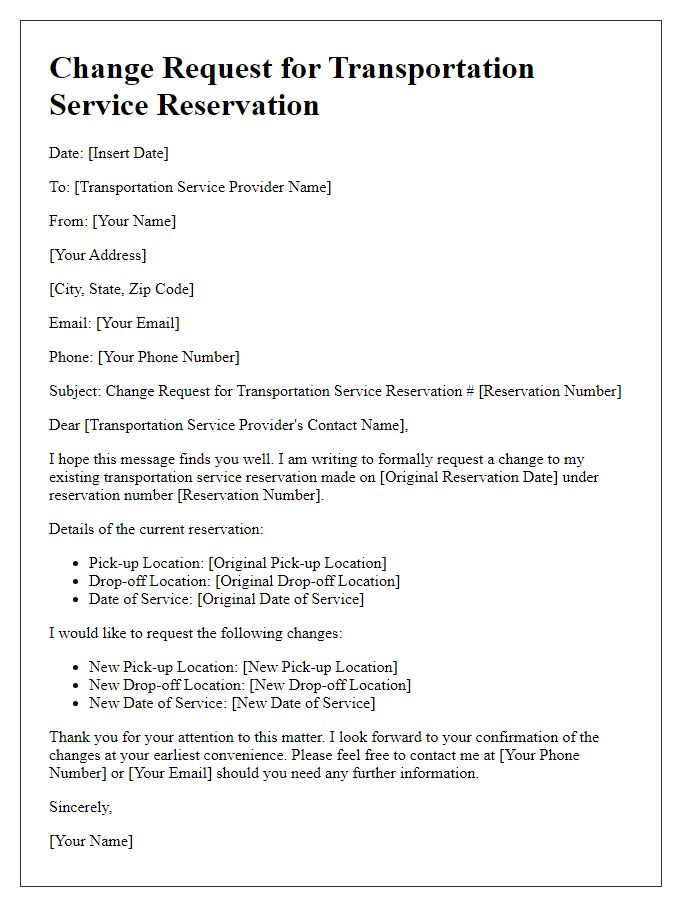 Letter template of change request for transportation service reservation