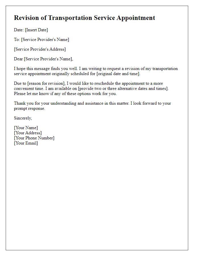 Letter template of revision for transportation service appointment