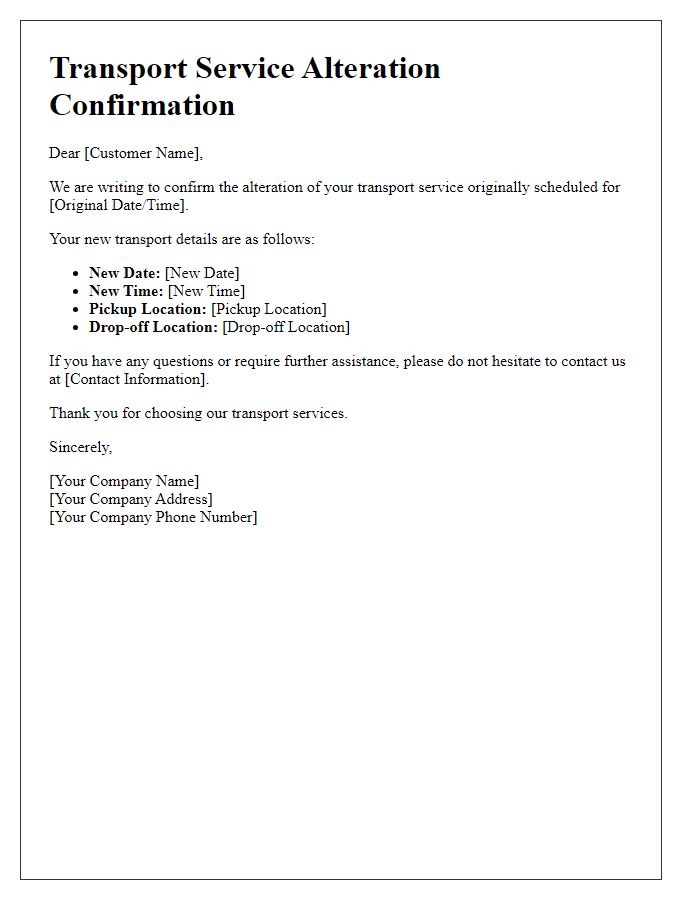 Letter template of transport service alteration confirmation