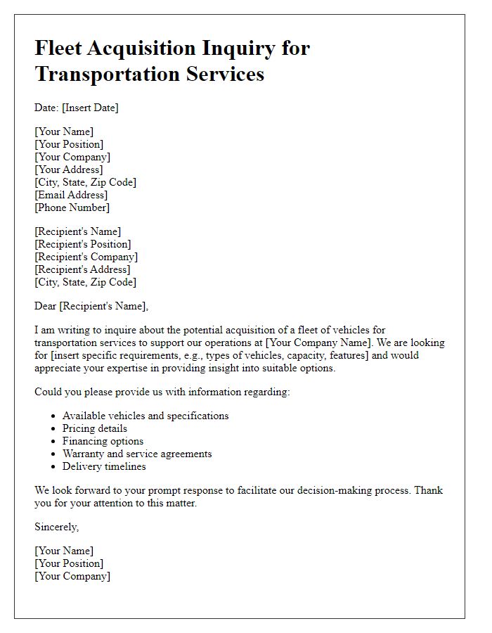 Letter template of fleet acquisition inquiry for transportation services