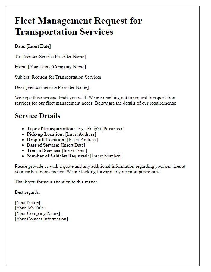 Letter template of fleet management request for transportation services