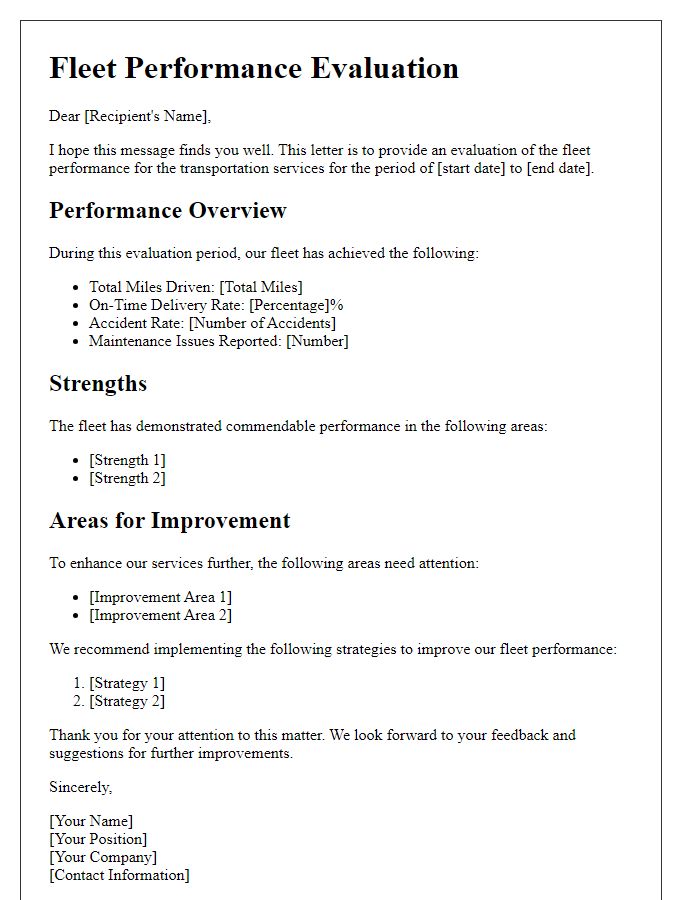 Letter template of fleet performance evaluation for transportation services