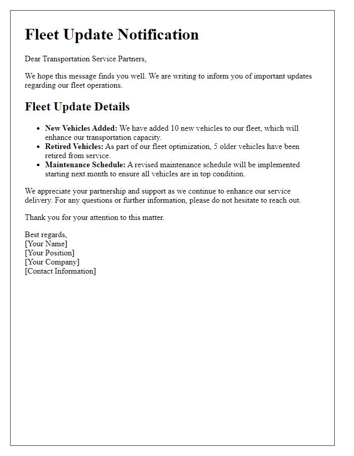 Letter template of fleet update notification for transportation service partners