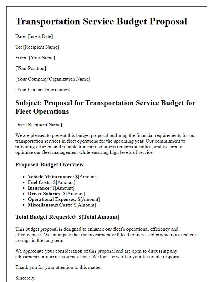 Letter template of transportation service budget proposal for fleet operations