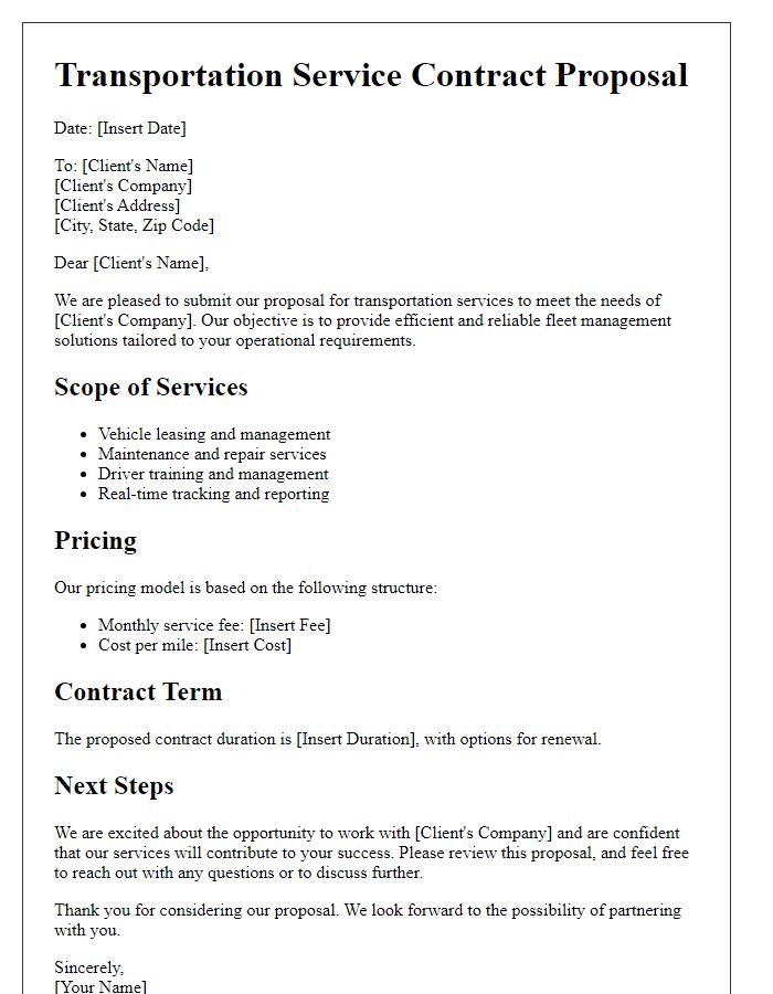 Letter template of transportation service contract proposal for fleet management