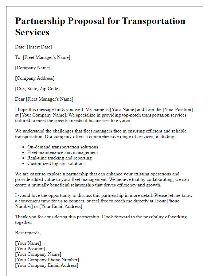 Letter template of transportation service partnership offer for fleet managers